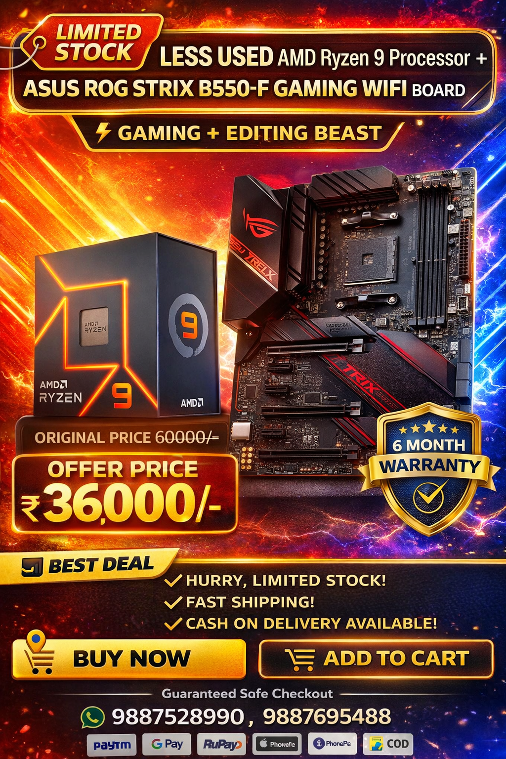 Less Used AMD Ryzen 9 Processor + ASUS ROG Strix B550-F Gaming WiFi Board